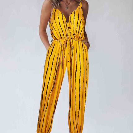 Striped Contrast Tie Ankle Spaghetti Strap Jumpsuit