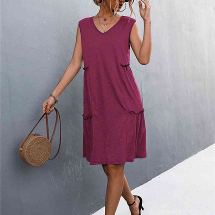 V-Neck Frill Trim Sleeveless Dress