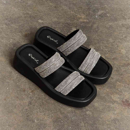 Qupid Bright Mind Platform Wedge Rhinestone Sandal