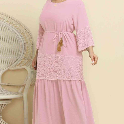 Plus Size Spliced Lace Tassel Belted Dress