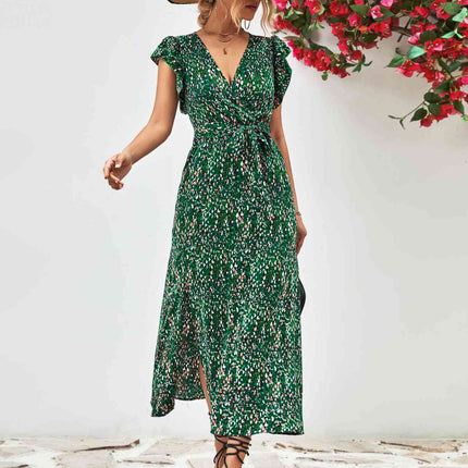 Printed Surplice Neck Flutter Sleeve Slit Dress