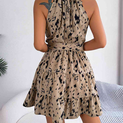 Halter Neck Printed Tie Waist Sleeveless Mini Dress - Vickie Lynn's