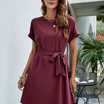 Belted Round Neck Curved Hem Dress
