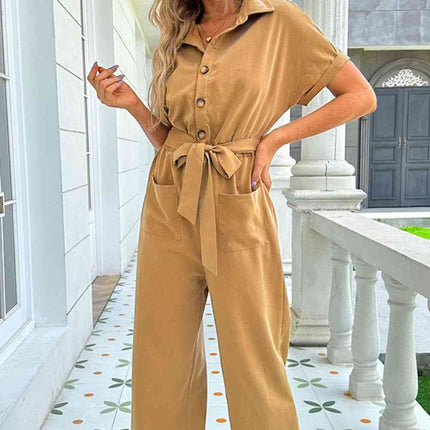 Tie Belt Buttoned Short Sleeve Collared Neck Jumpsuit