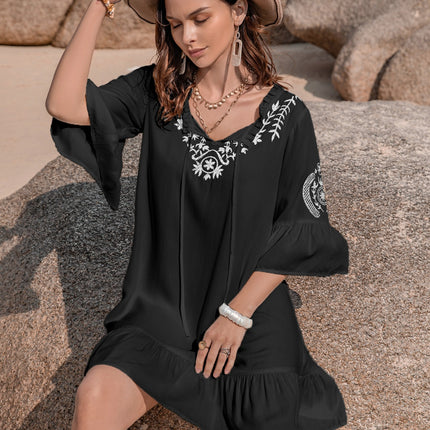 Printed Tie Neck Flounce Sleeve Mini Dress