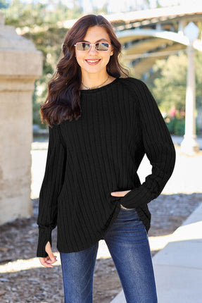 Basic Bae Full Size Ribbed Round Neck Long Sleeve Knit Top - Vickie Lynn's