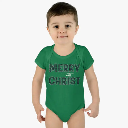 Short Sleeve Baby Onesie for Infants and Toddlers, Merry With Christ, Green Plaid Christmas Holiday Pattern Print