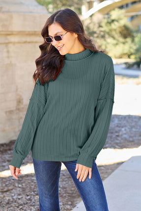 Basic Bae Full Size Ribbed Exposed Seam Mock Neck Knit Top - Vickie Lynn's