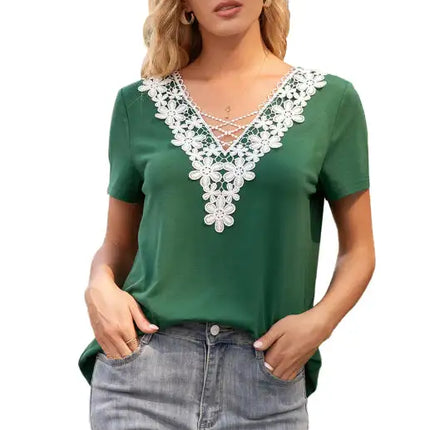 Women's Sexy Deep V Neck Cutout Lace Panel T-Shirt