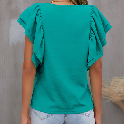 Round Neck Flounce Sleeve Blouse