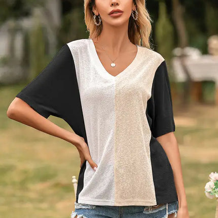 Camiseta holgada de manga corta con contraste y cuello en V para mujer 