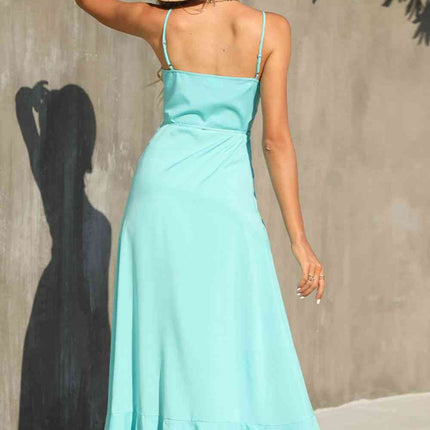 Decorative Button Spaghetti Strap Ruffle Hem Dress