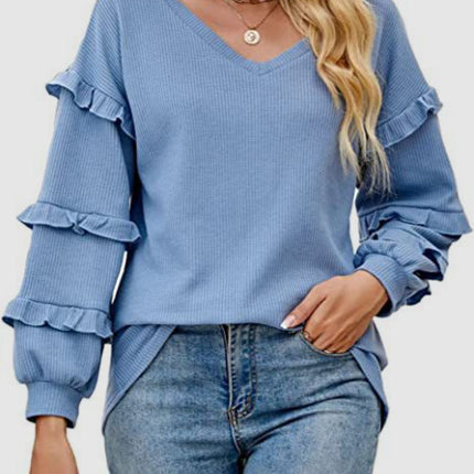 Ruffled V-Neck Long Sleeve T-Shirt