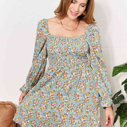 Double Take Floral Smocked Flounce Sleeve Square Neck Dress