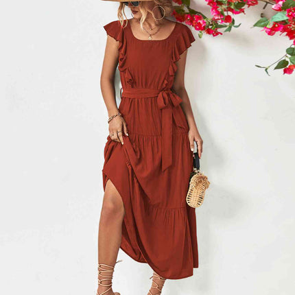 Tie Belt Ruffled Tiered Dress