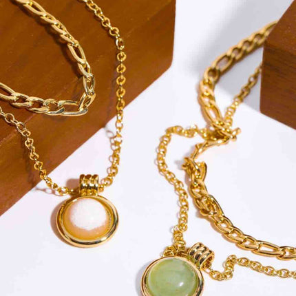 Copper 14K Gold-Plated Round Shape Aventurine Pendant Necklace