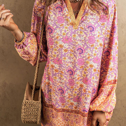 Floral V-Neck Long Sleeve Mini Dress