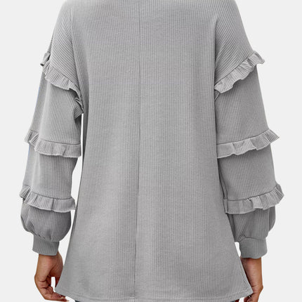 Ruffled V-Neck Long Sleeve T-Shirt