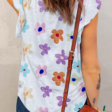 Printed Notched Cap Sleeve T-Shirt