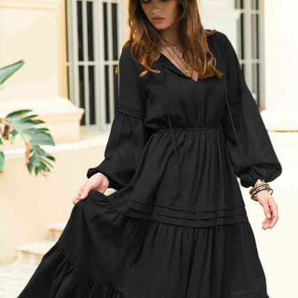 Tie Neck Long Sleeve Midi Tiered Dress