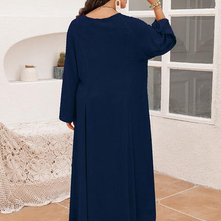 Plus Size Tie Neck Long Sleeve Slit Dress