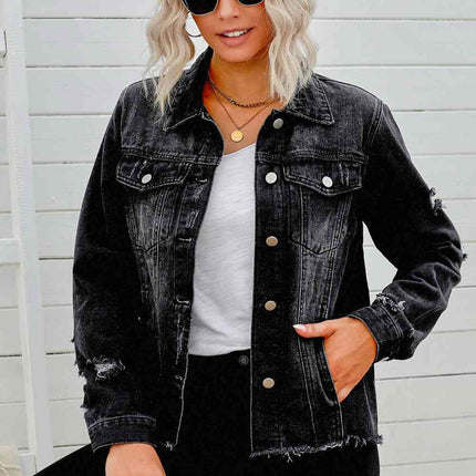 Distressed Raw Hem Denim Jacket - Vickie Lynn's