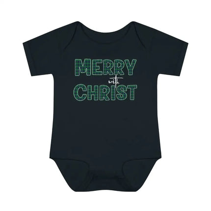 Short Sleeve Baby Onesie for Infants and Toddlers, Merry With Christ, Green Plaid Christmas Holiday Pattern Print