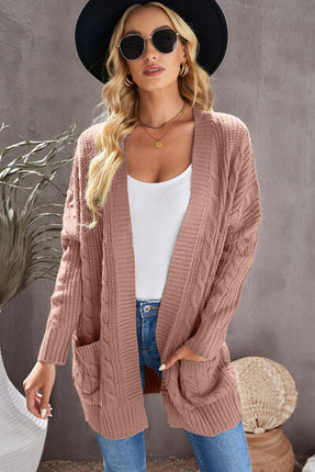 Cable-Knit Open Front Dropped Shoulder Cardigan