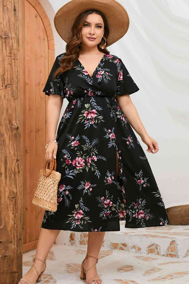 Plus Size Floral Short Sleeve Split Dress