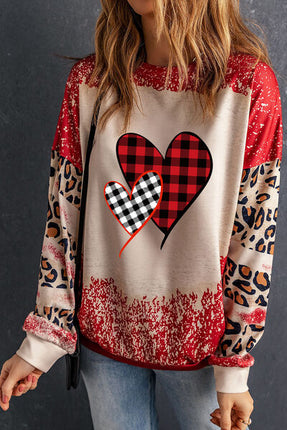 Heart Leopard Round Neck Sweatshirt - Vickie Lynn's