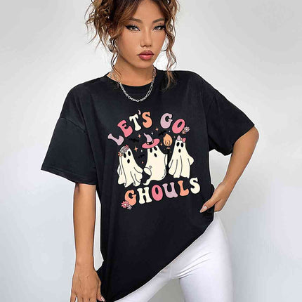 Round Neck Short Sleeve LET'S GO GHOULS Graphic T-Shirt