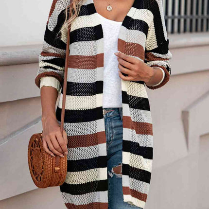 Full Size Striped Long Sleeve Openwork Cardigan