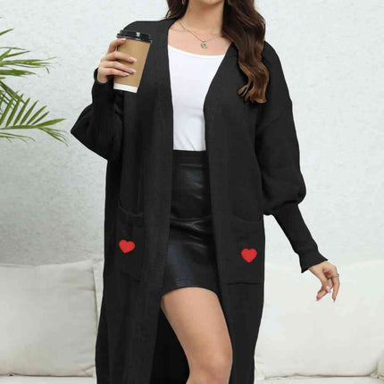 Lantern Sleeve Open Front Pocketed Cardigan