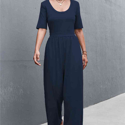 Scoop Neck Half Sleeve Wide Leg Jumpsuit