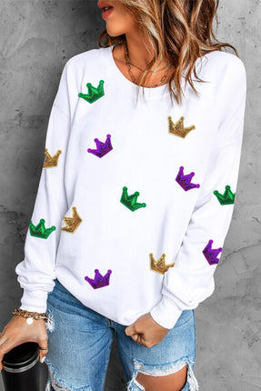 Crown Sequin Round Neck Sweatshirt - Vickie Lynn's