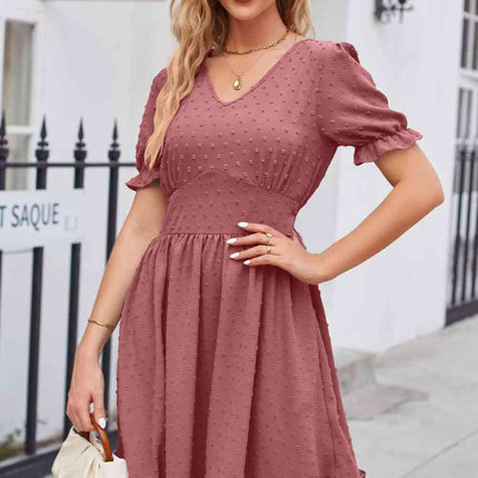 Swiss Dot Frill Trim Flounce Sleeve V-Neck Dress