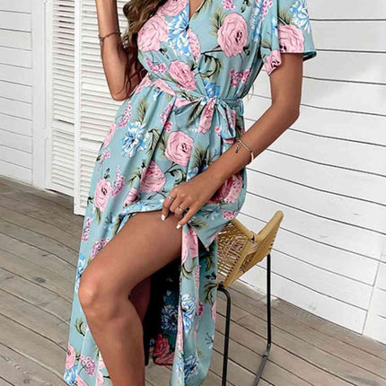 Floral Tie-Waist Slit Surplice Maxi Dress