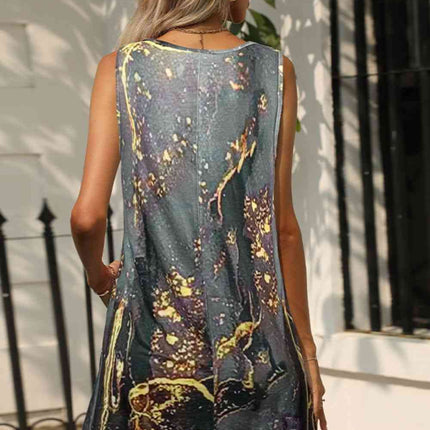 Abstract Print Round Neck Sleeveless Dress with Pockets