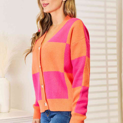 Woven Right Checkered V-Neck Dropped Shoulder Cardigan - Vickie Lynn's