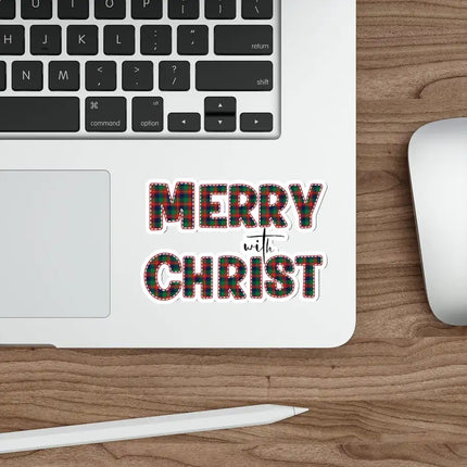Uniquely You Die-Cut Sticker, Merry With Christ, Red And Green Plaid Christmas Holiday Pattern Print