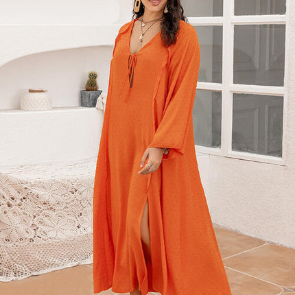 Plus Size Tie Neck Long Sleeve Slit Dress