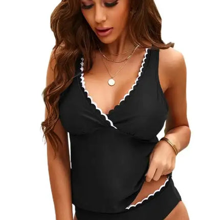 Traje de baño con camiseta sin mangas y cuello en V festoneado con bloques de colores a la moda para mujer 