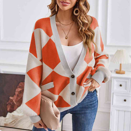 Geometric Lantern Sleeve Cardigan with Pockets
