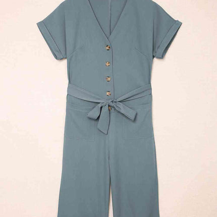Tie-Waist Buttoned Cropped Jumpsuit
