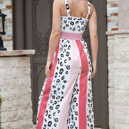 Leopard Color Block Smocked Jumpsuit