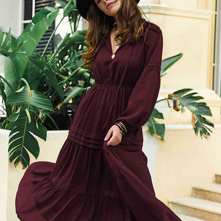 Tie Neck Long Sleeve Midi Tiered Dress
