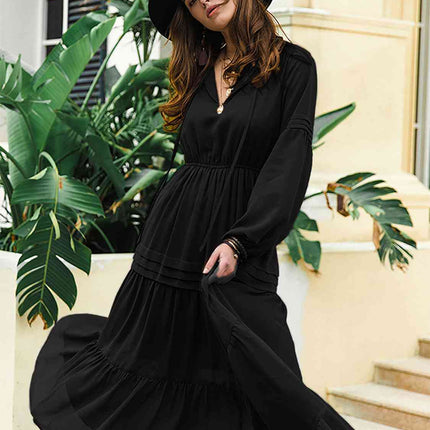 Tie Neck Long Sleeve Midi Tiered Dress