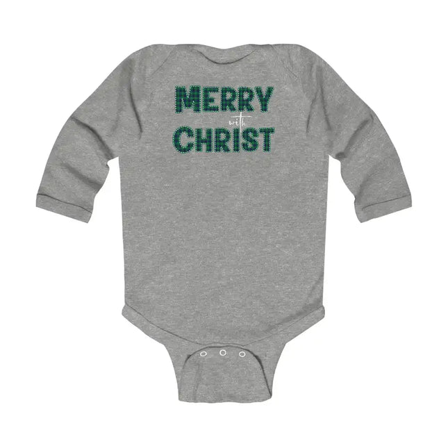 Long Sleeve Baby Onesie for Infants and Toddlers, Merry With Christ, Green Plaid Christmas Holiday Pattern Print