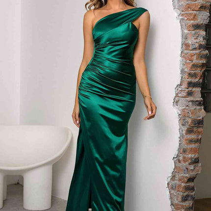One-Shoulder Ruched Slit Maxi Dress - Vickie Lynn's
