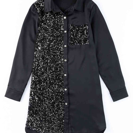 Sequin Button Front High-Low Shirt Dress